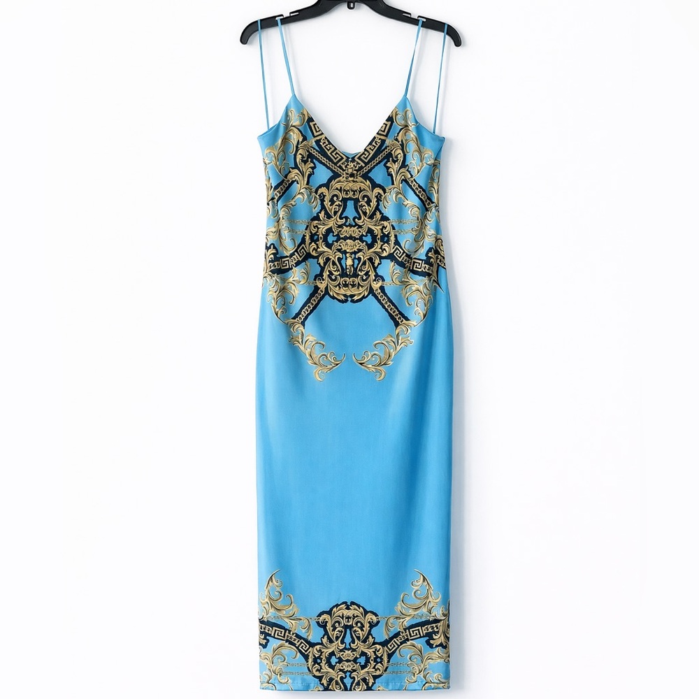 AFRM Blue Dress with Gold Baroque AMINA MESH MIDI - Picture 4 of 11